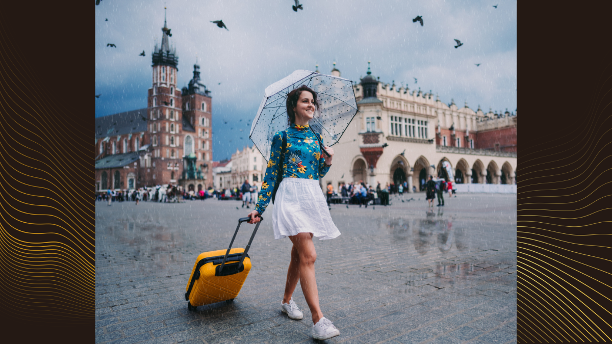 Airport arrival with traveler rolling luggage